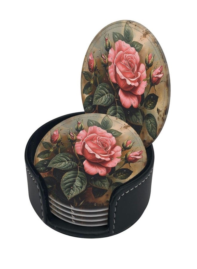 KKRMTUG Rose Coasters for Drinks with Holder Leather Coasters Set of 6 Flower Pattern Drink Coasters Sets for Living Room Kitchen Coffee Bar Table Decor - Image 2